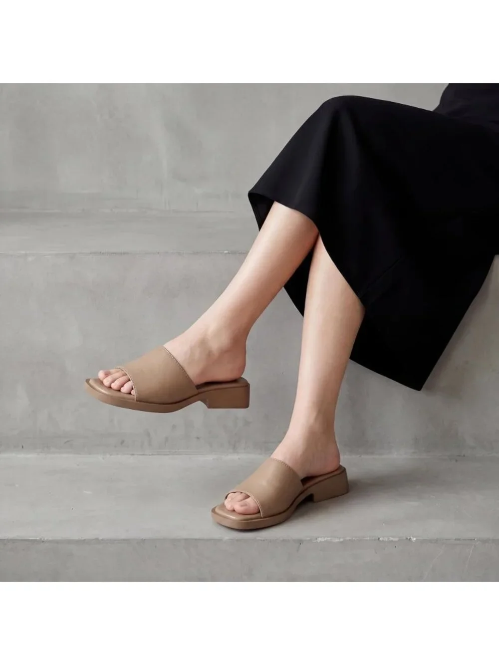 Women’s Khaki Faux Leather Comfortable Open Toe Fashion Backless Casual Flats